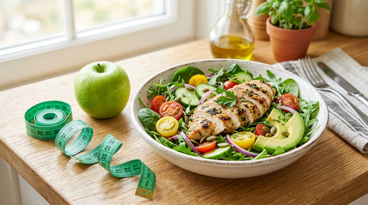Healthy salad bowl with tape measure and green apple