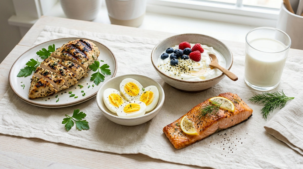 High-protein foods including chicken, eggs, yoghurt and salmon