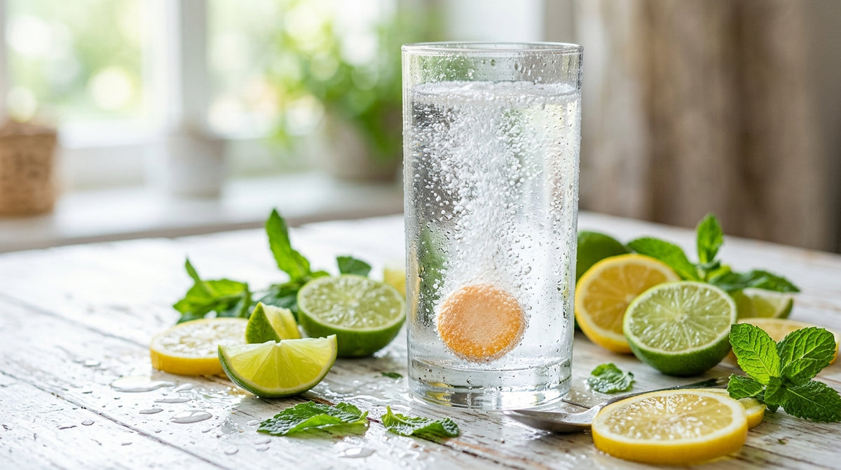 Electrolyte tablet fizzing in a glass of water with citrus