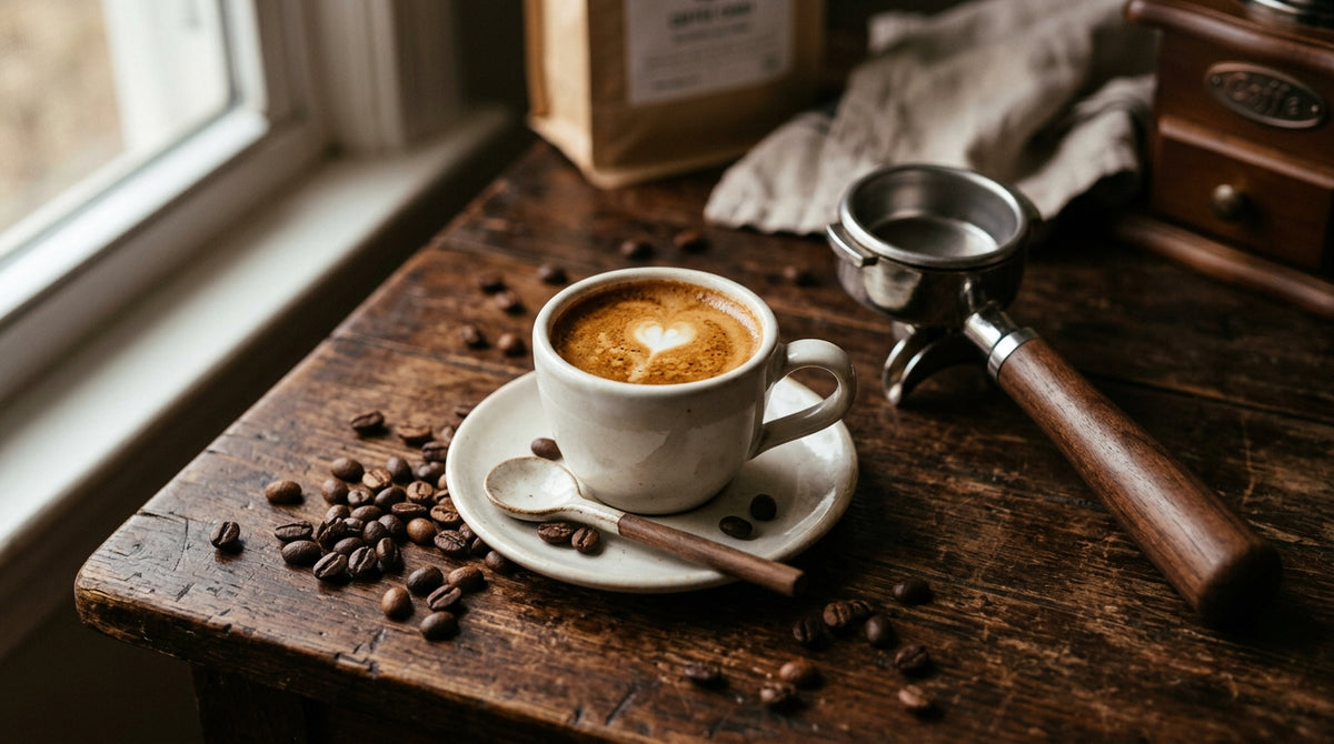 Espresso cup with coffee beans and portafilter