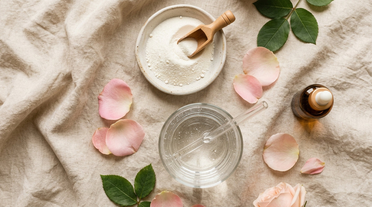 Collagen powder flat lay with rose petals and a glass of water