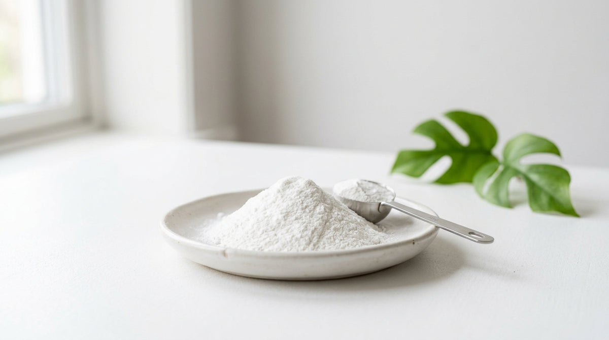White creatine powder in a ceramic dish with a scoop