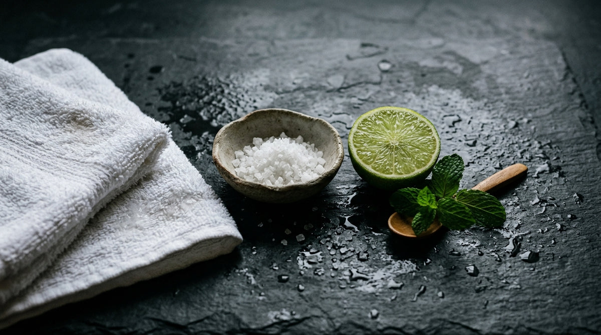 Gym towel, sea salt crystals and lime on dark slate