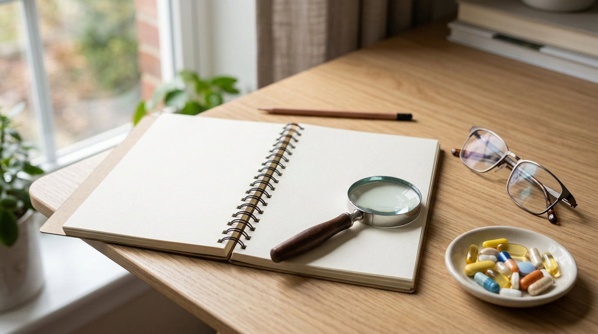 Magnifying glass, notebook and capsules on a desk