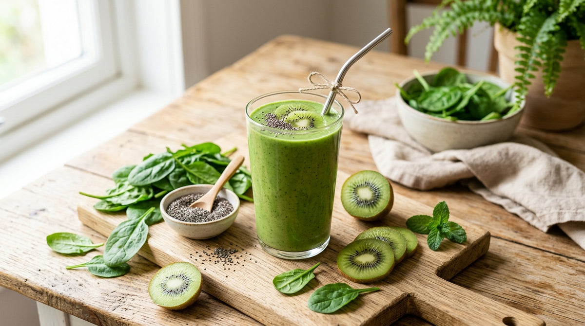 Green smoothie with spinach, chia seeds and kiwi