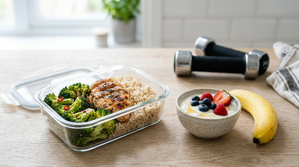 Meal prep with chicken, rice, broccoli and yoghurt