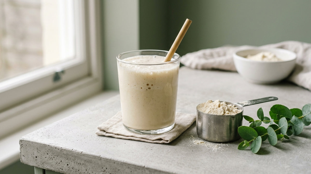 Vanilla protein shake with a scoop of whey powder
